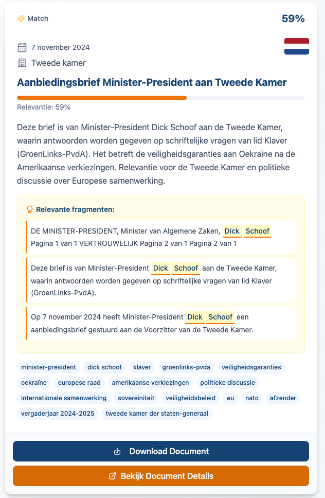 Zoekresultaat met highlighting voor de regeringsverklaring
